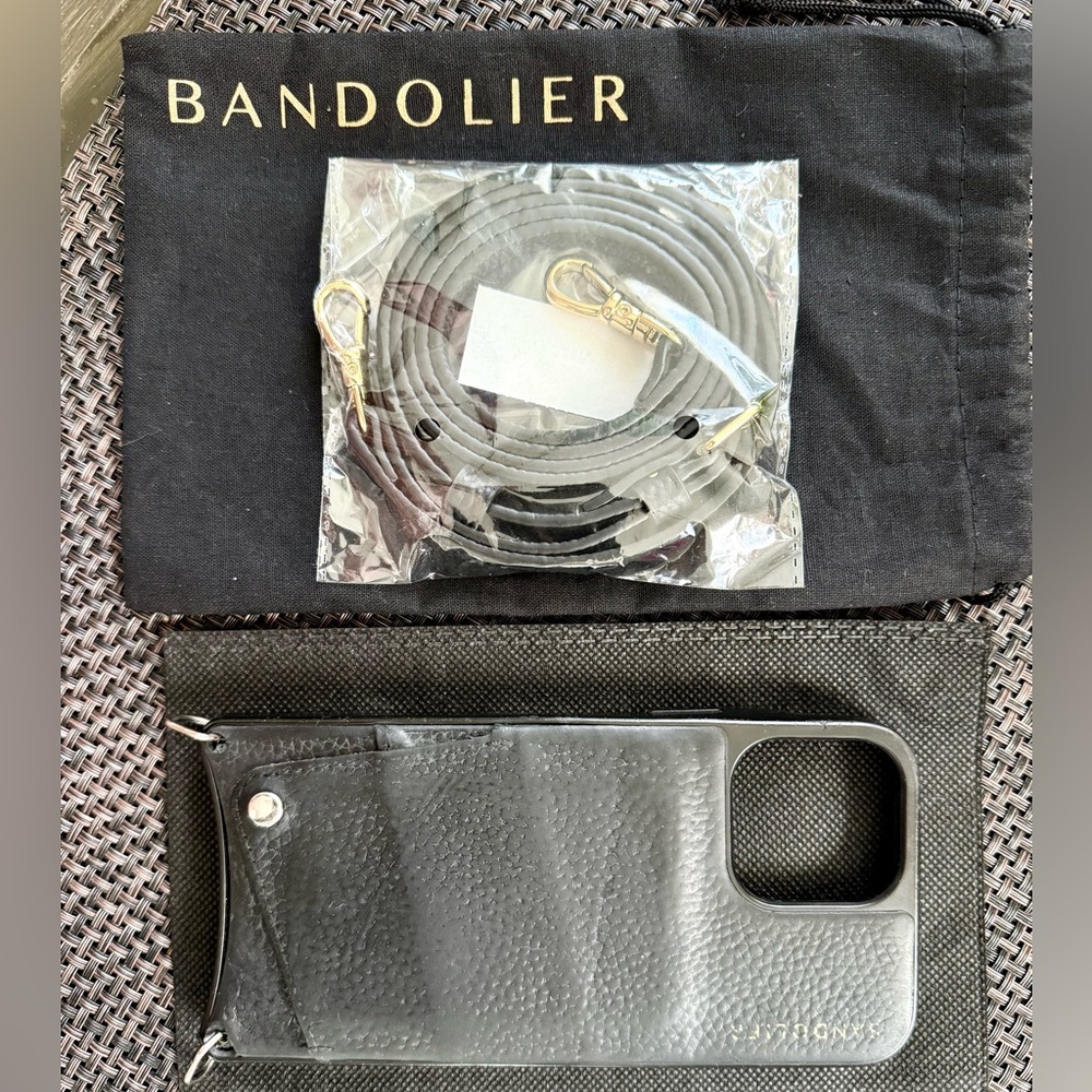 Bandolier Black Leather Crossbody iPhone Case, Emma Style, Black/Gold Accents